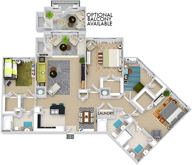 Floor plan for 3 beds, 3 baths, 1972 sqft